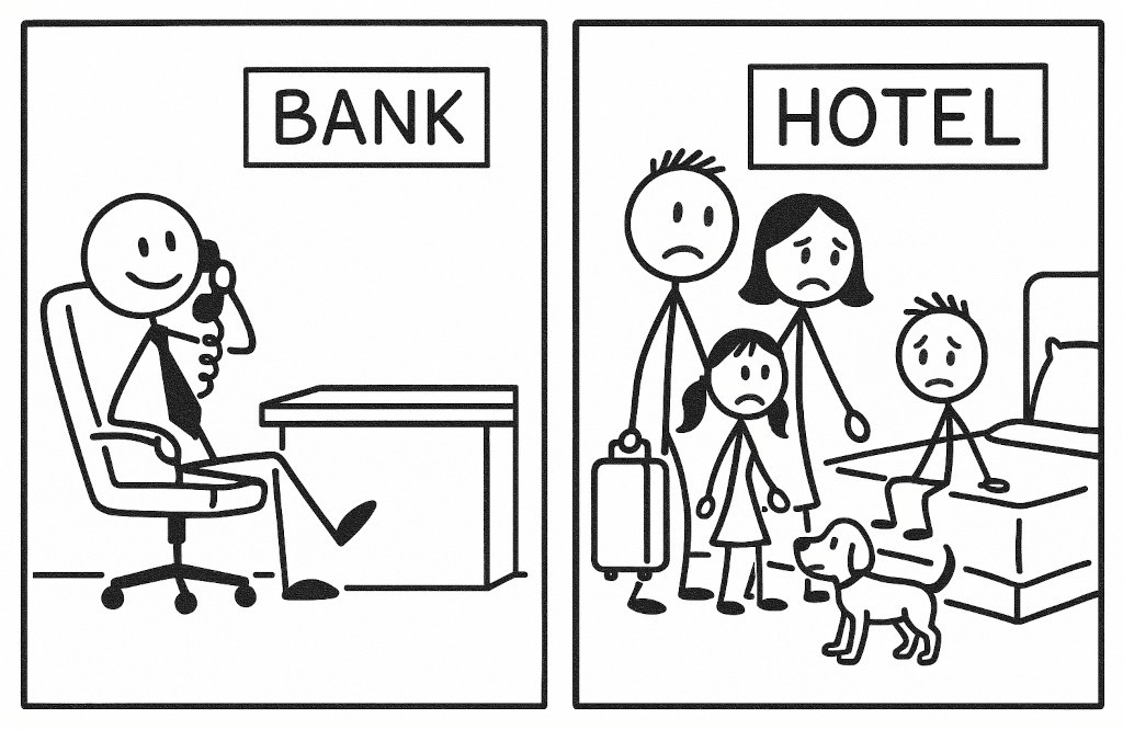 Banker on the Phone and Family in a Hotel